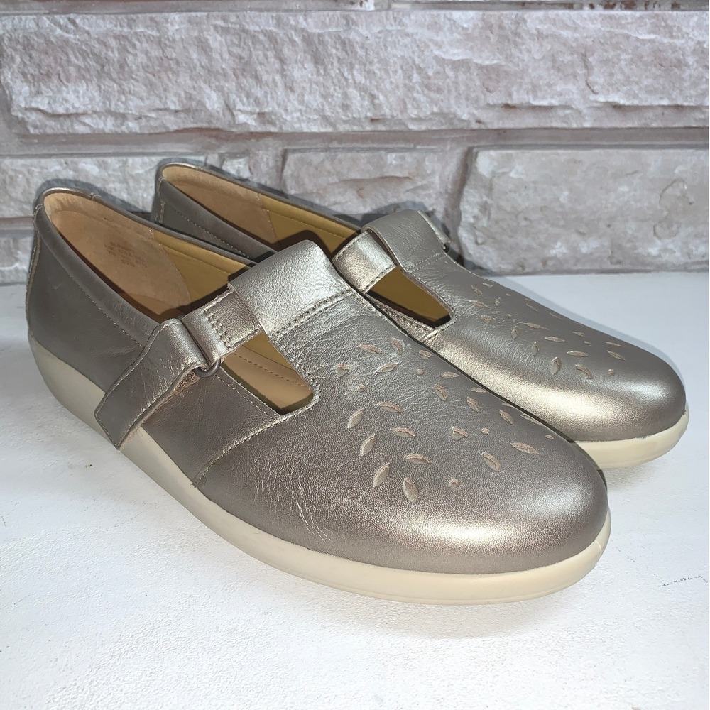 Hotter Sunset Metallic Gold Leather Laser Cut Mary Jane Loafers Womens 9.5 41.5